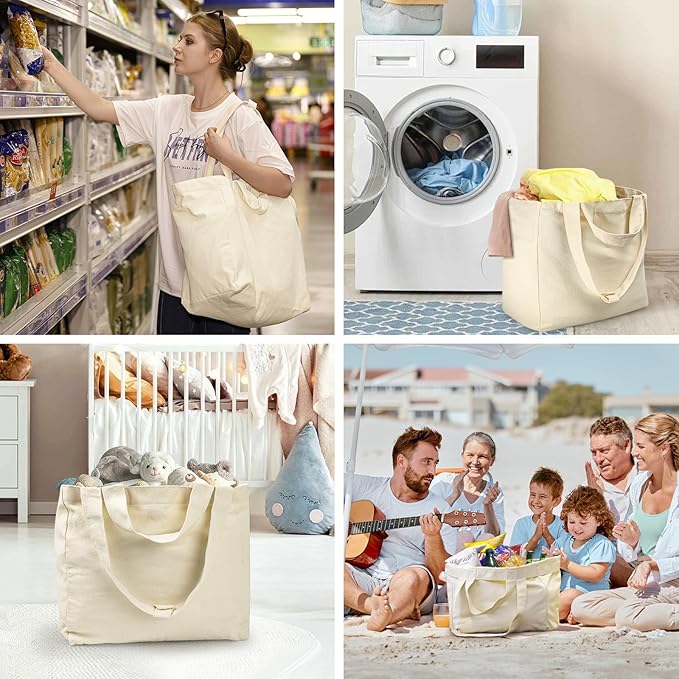 VitaSerena Canvas Grocery Bags with Dual Handles(3 Pack), Large Reusable Shopping Bags for Groceries, Inner Pockets, Washable, Shrink Resistant, Heavy Duty, Foldable
