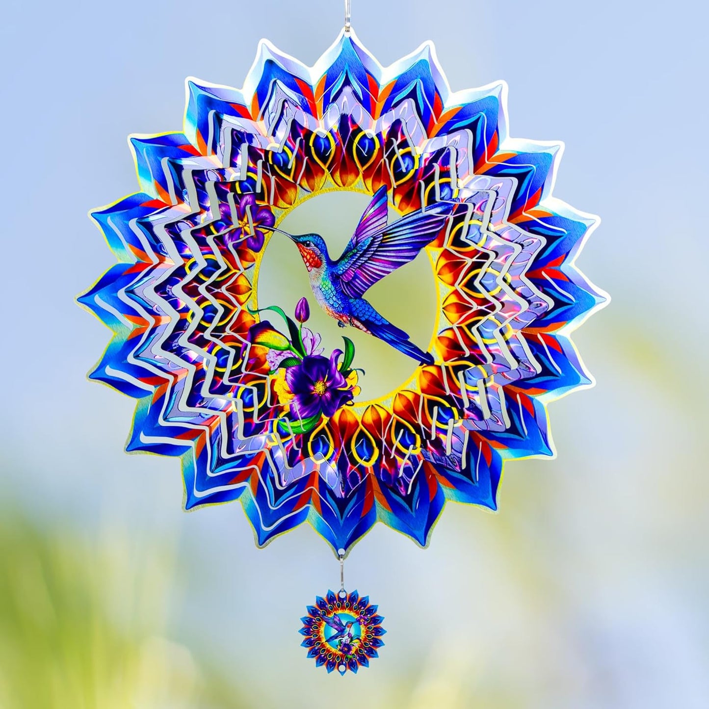 Hummingbird Wind Spinner,Hanging Wind Spinners Outdoor for Garden Decoration，12 inch 3D Stainless Steel Wind Sculpture for Indoor/Outdoor Decor