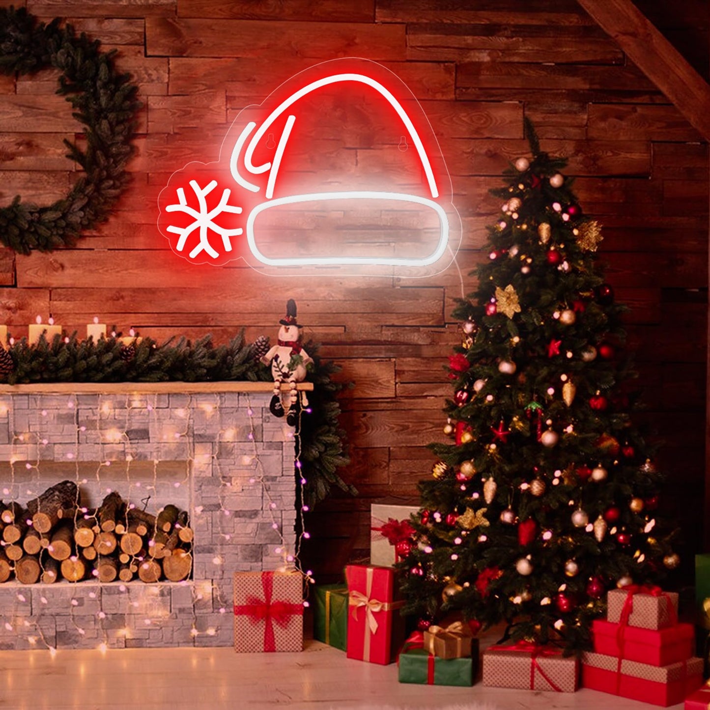 HancraStore Christmas Hat Neon Sign, Red & White USB Plastic LED Light, Modern Holiday Decorative Signage for Wall Decor, Dimmab
