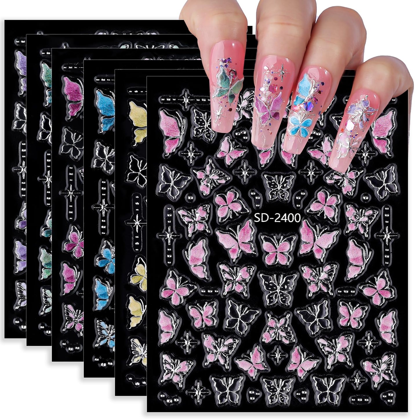 5D Butterfly Nail Stickers 6 Sheets Embossed Butterfly Nail Decals Pink Purple Self Adhesive Nail Art Stickers for Gel/Acrylic N