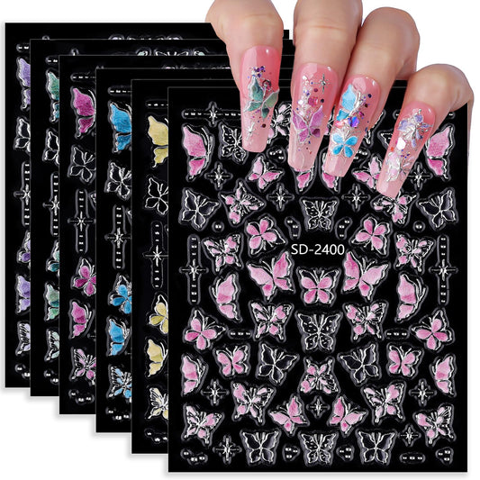 5D Butterfly Nail Stickers 6 Sheets Embossed Butterfly Nail Decals Pink Purple Self Adhesive Nail Art Stickers for Gel/Acrylic N