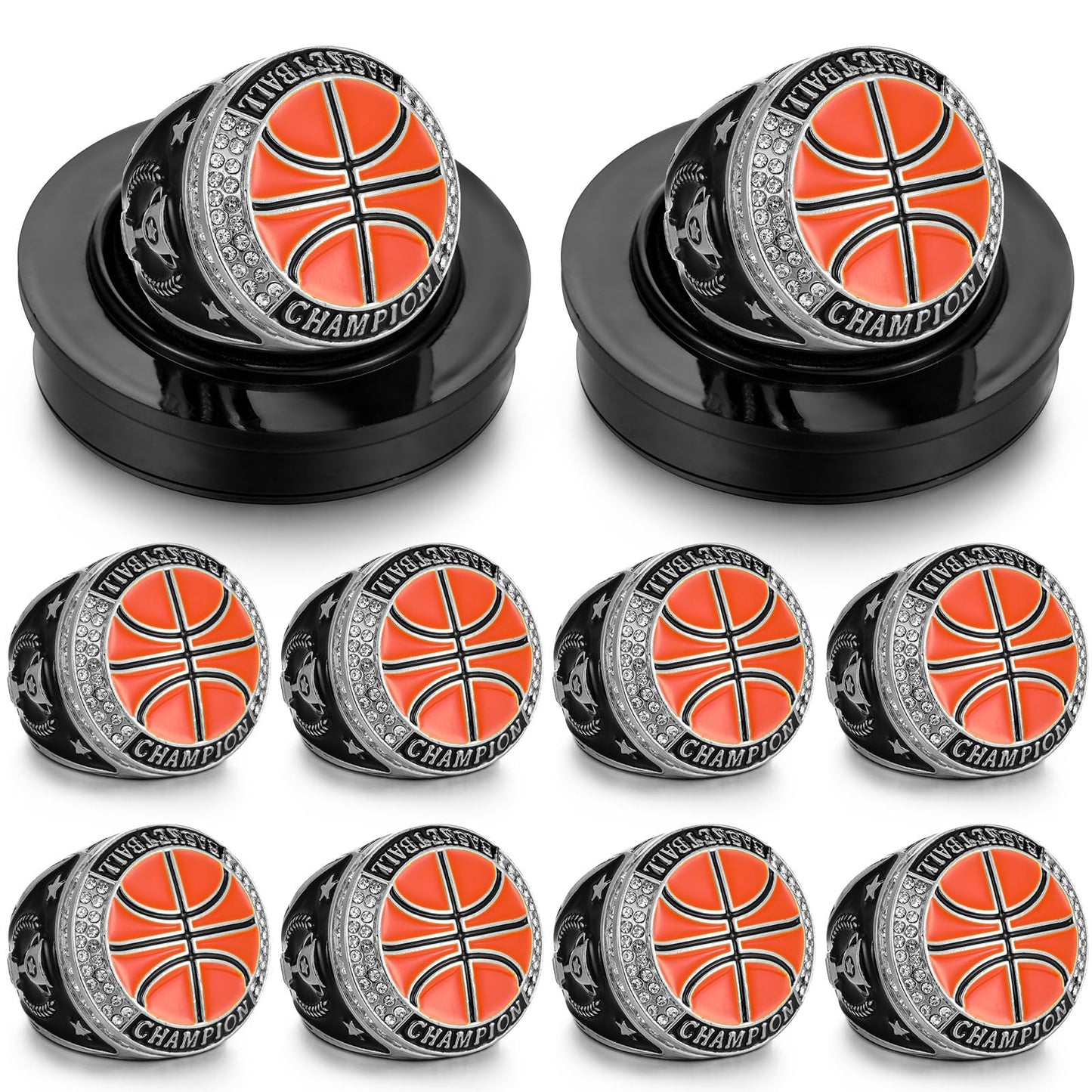 Highergo 10pcs Football Soccer Volleyball Baseball MVP Golf Championship Trophy Ring with Display Chain Stand Softball Basketbal