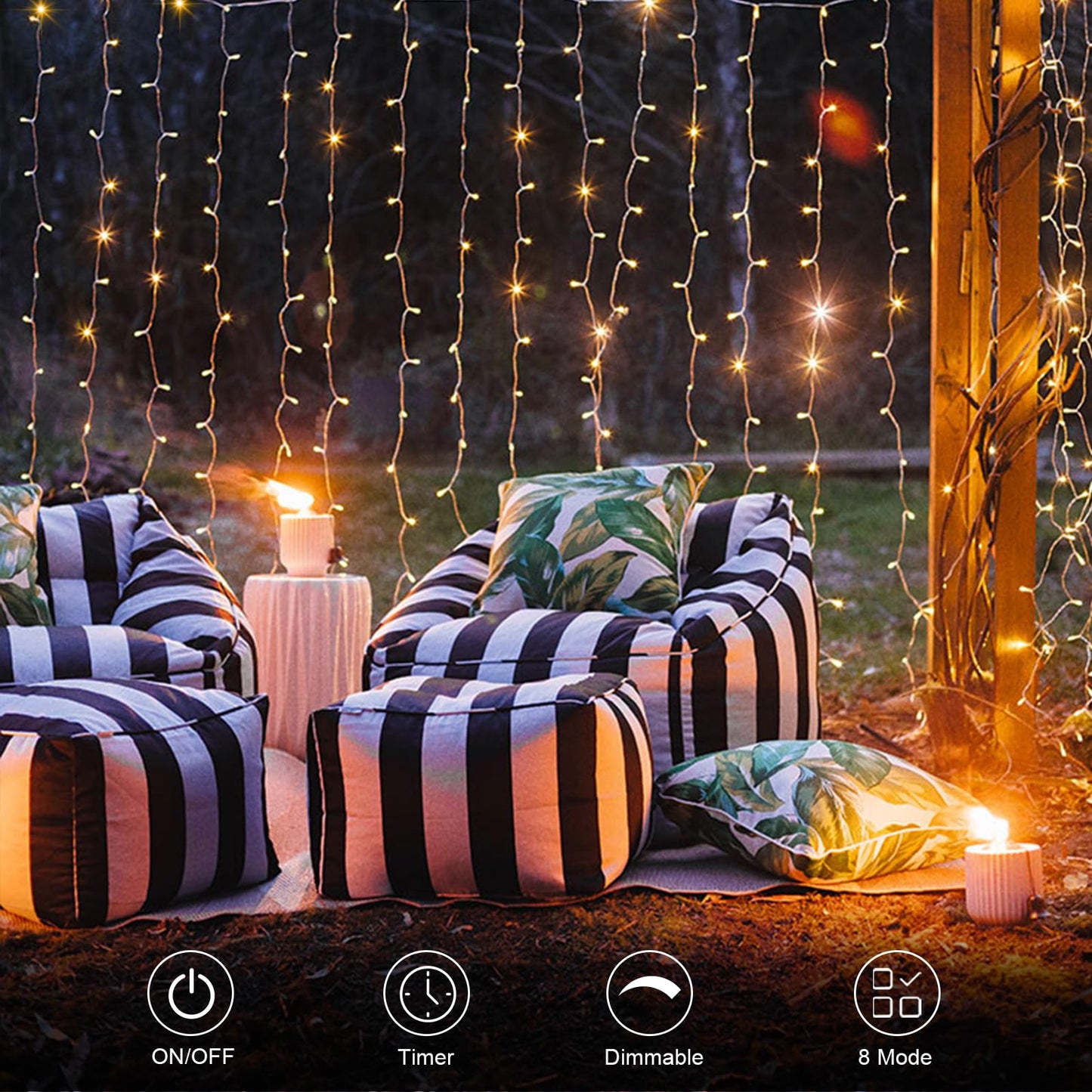 Echosari 300 Led Curtain Lights, 9.8Ft×9.8Ft, Battery Operated, Warm White, Remote Timer For Bedroom, Patio, Wedding Decor