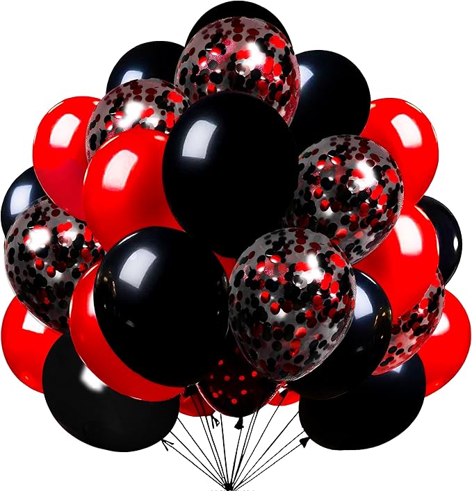 Firomi Red Black Latex Balloons 12 Inch 70 pack Set Black and Red Confetti Balloons for Birthday Wedding Party (with 2 Rib...