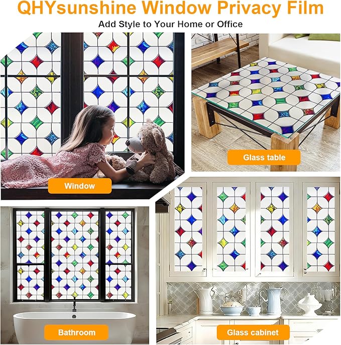 Stained Glass Window Film - Non-Adhesive Colorful Privacy Film | Privacy Protection, Reusable & Renter Friendly | Perfect for Bedroom/Bathroom Room Decor (Frosted Mosaic, 17.5 X 78.7 in)