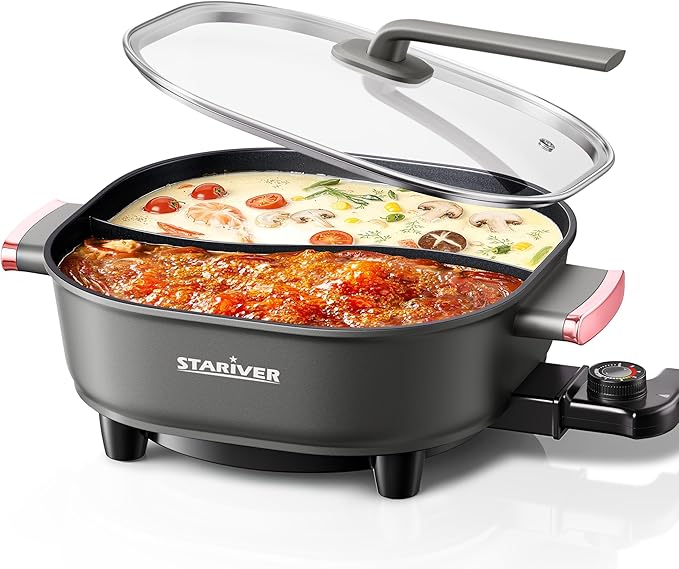 Stariver 6L Electric Hot Pot with Divider, 1300W, Dual-Flavor Pot for Two Broths, 5-Temp Control & Non-Stick Coating, Electric Pot for Shabu Shabu, Fondue, Perfect for Family Gatherings & Parties