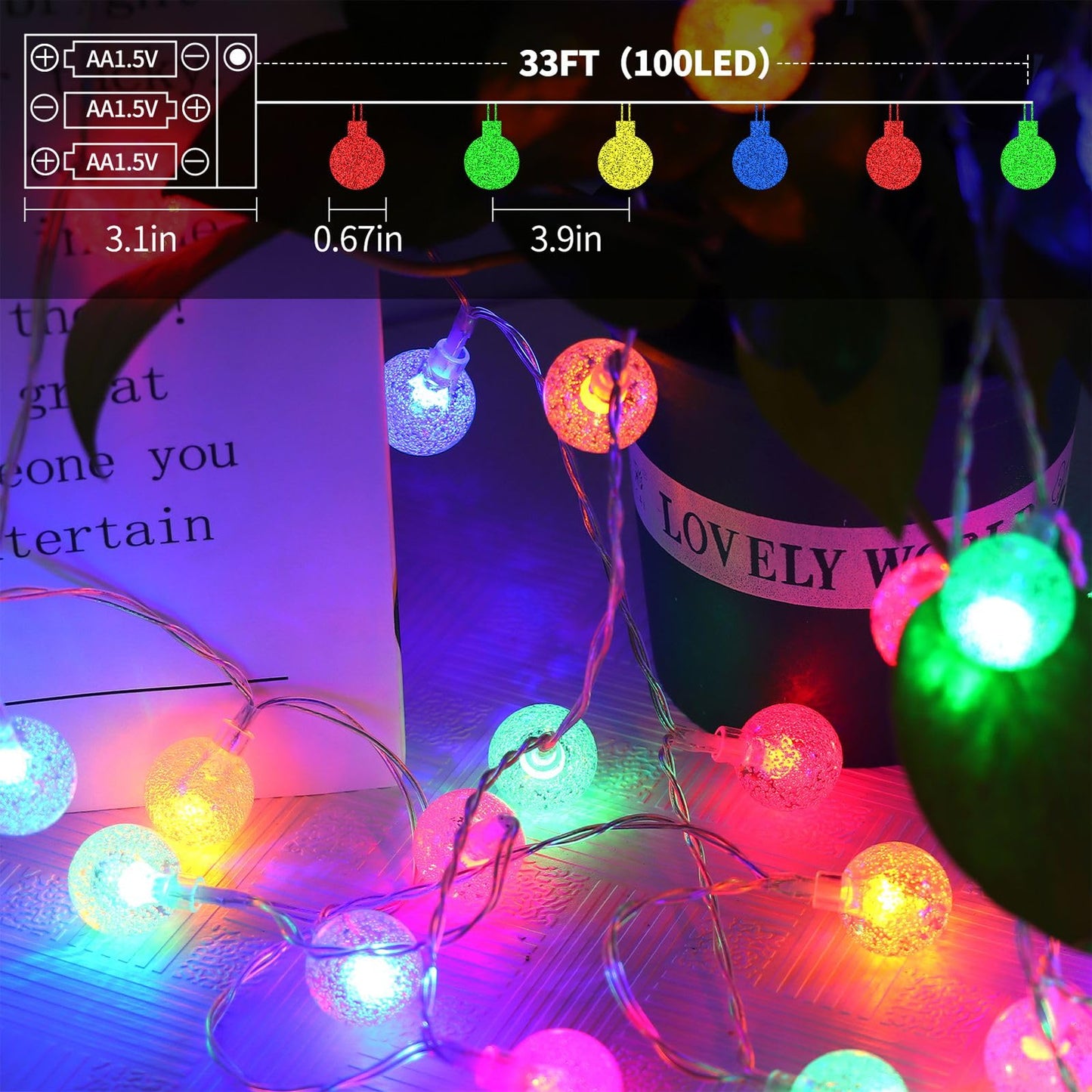Ryblgled Battery Color Changing String Lights, 33Ft 100 LED, Remote, 8 Modes, Waterproof, Multi-colored