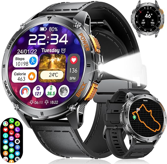 FOXBOX GPS Smart Watch for Men with LED Flashlight, 530mAh Extra Large Battery, 1.43'' AMOLED Military Smartwatch Answer/M...