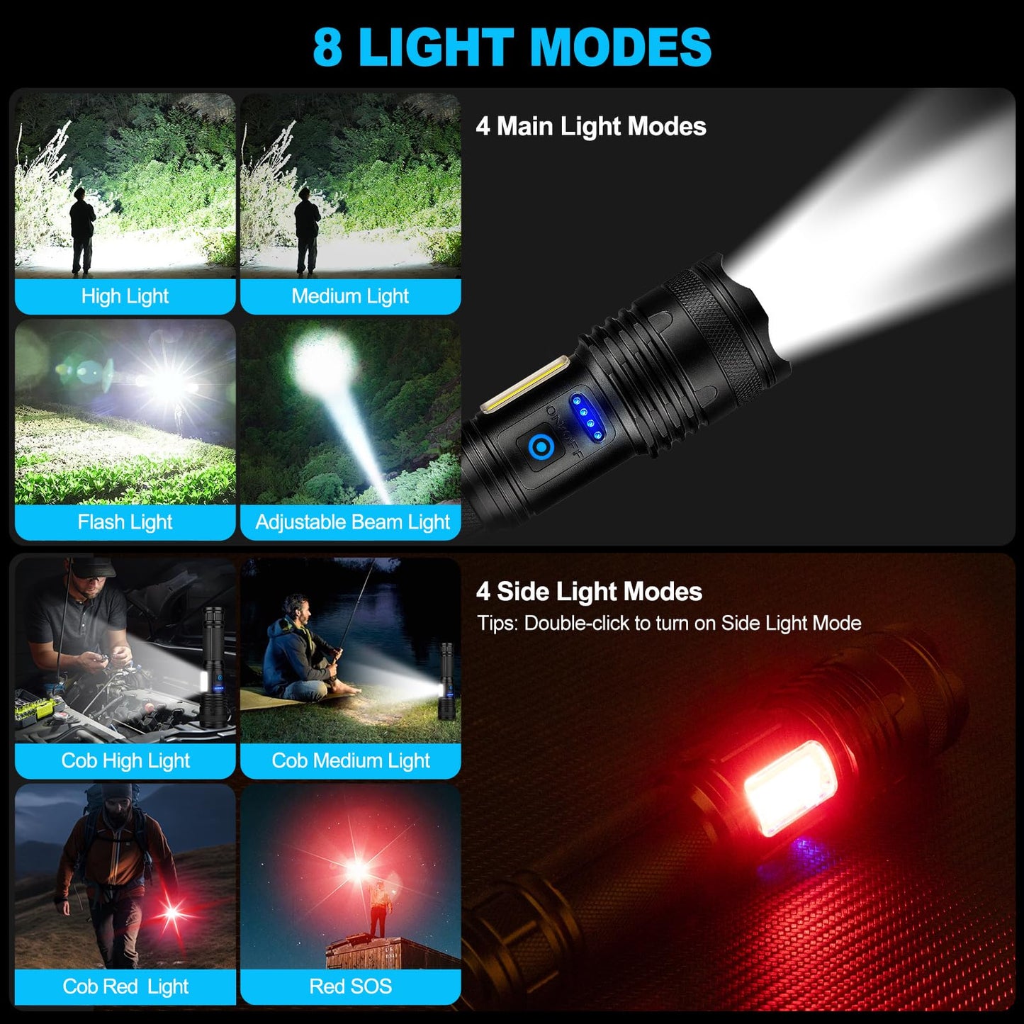 Alicegirl Rechargeable Flashlight, 99000LM, 8 Modes, Waterproof, Aluminum, Model M111-COB, Black