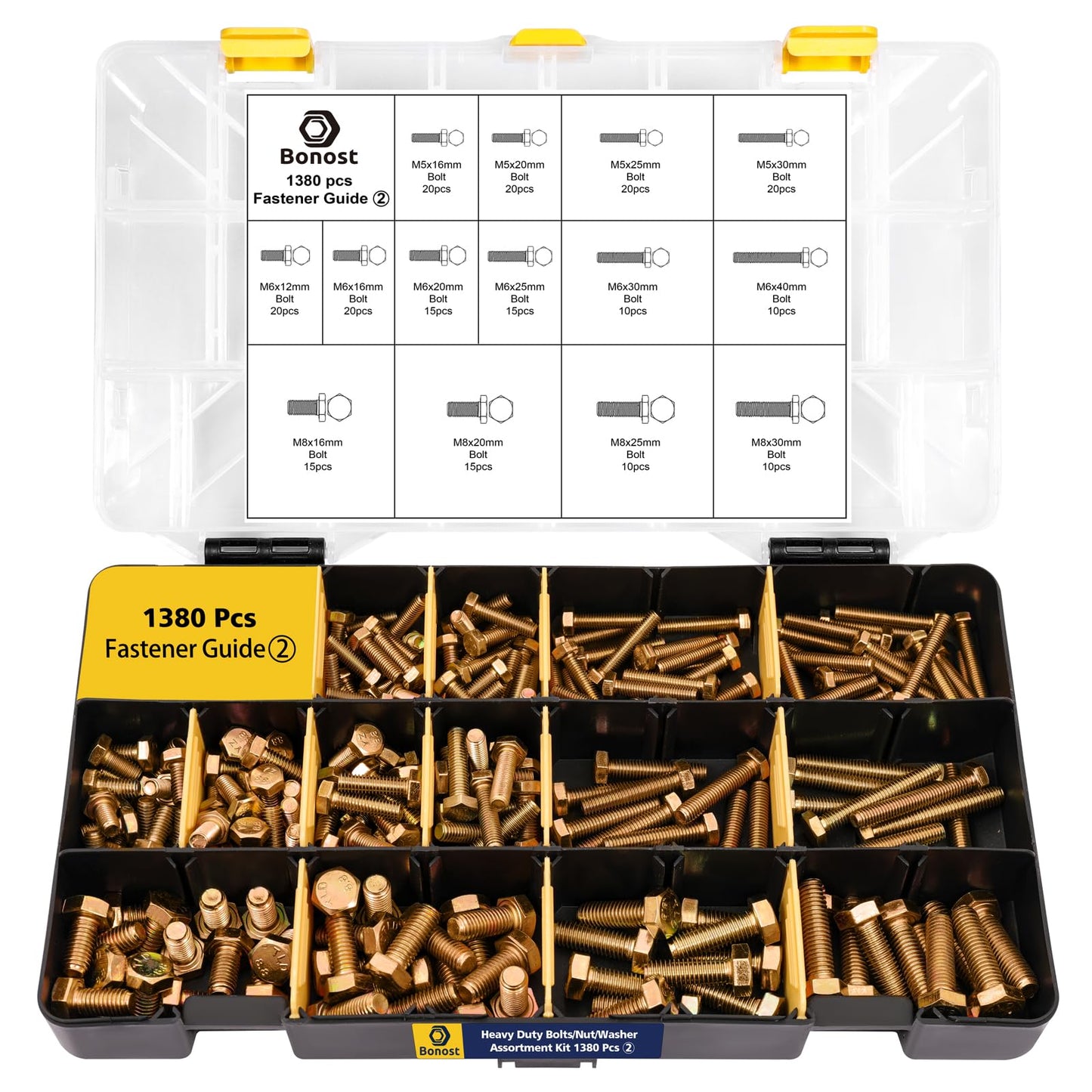 Bonost 1380pcs Nuts and Bolts Assortment Kit - Heavy Duty Grade 8.8 Metric M4 M5 M6 M8 Bolt Set with Assorted Nuts and Washers, Yellow Zinc Plated, Length from 12-30mm