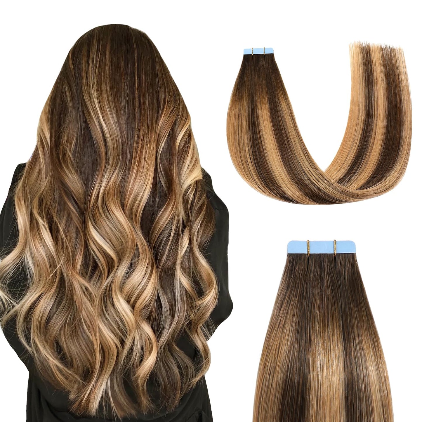 Sunya Tape in Hair Extensions Human Hair Balayage Chocolate Brown to Caramel Blonde 14 Inch 40g/pack 20pcs Straight Seamless Ski