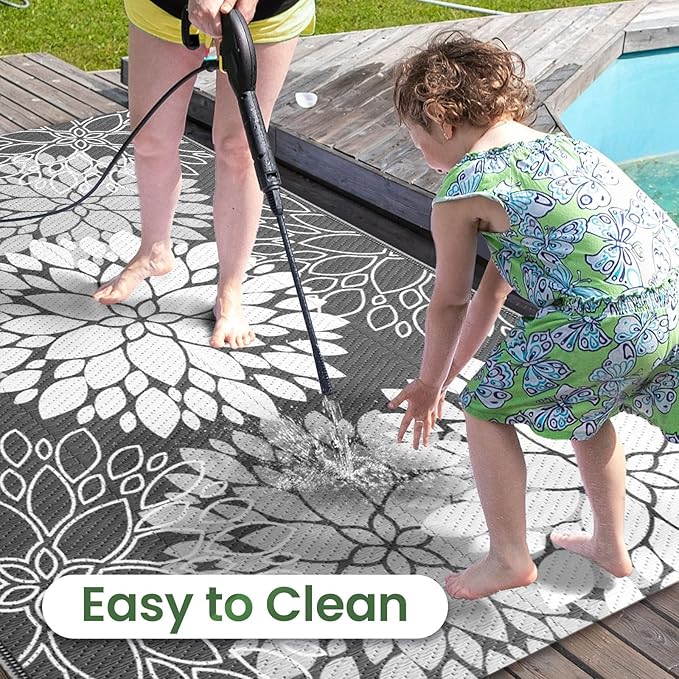 LuxStep Outdoor Rug Waterproof Outdoor Plastic Straw Rug Reversible Patio Rug Mat Outdoor Decor Large Area Mats for RV, Picnic, Backyard, Deck, Balcony, Porch, Beach, Camping, 8' x 10' Grey