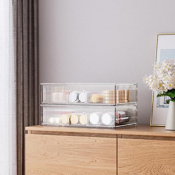 ZHIAI Stackable Storage Drawer, 2 Piece Acrylic Organiser for Cosmetics and Beauty Products, Suitable for Dressers, Bathrooms, Cabinets, Storage Rooms, Bedrooms and Home Organisers