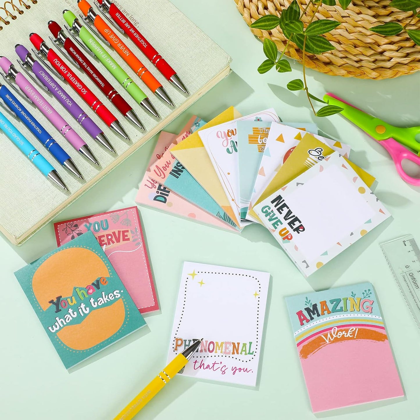 Geyee 24 Pcs Employee Sticky Notes with Funny Pens Fun Notepads for Adults Coworkers Nurse 3 x 4 Inch to Do List Notepads with Sayings Pen for Lab Week Gifts Teacher Office Supplies