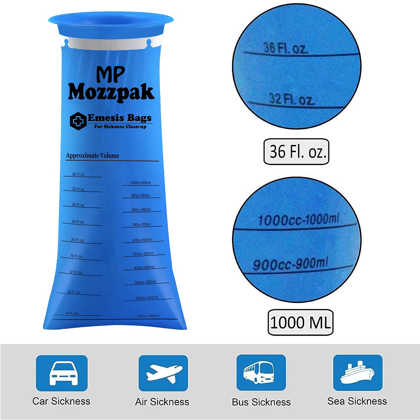 MP MOZZPAK Vomit Bags Disposable 50 Pack - 1000ml Emesis Bags, Leak-Proof Barf Bag, Travel Friendly Puke & Nausea Bag for Motion Sickness, Medical Grade Throw up Relief for Car, AirPlane, & Road Trip