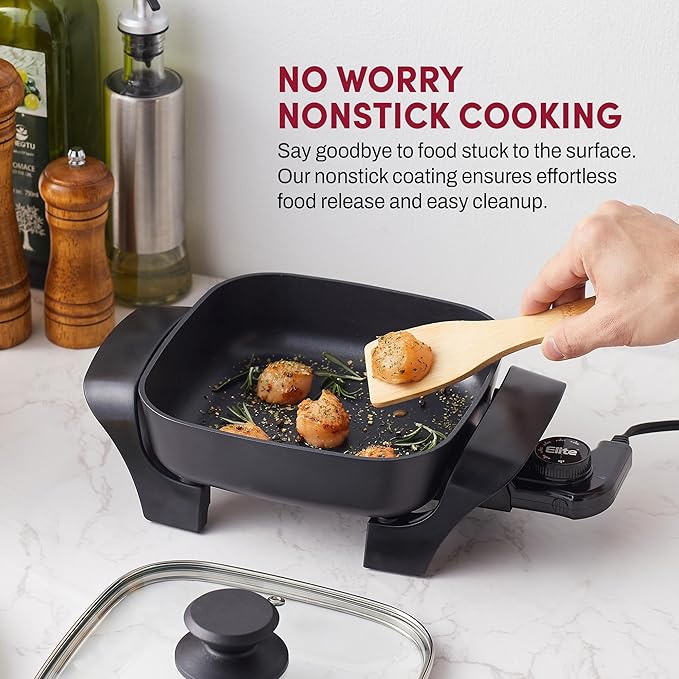 Elite Gourmet EG808 8” x 8" Non-stick Electric Skillet, Dishwasher Safe with Tempered Glass Vented Lid, Rapid Heat Up, 600W, Black