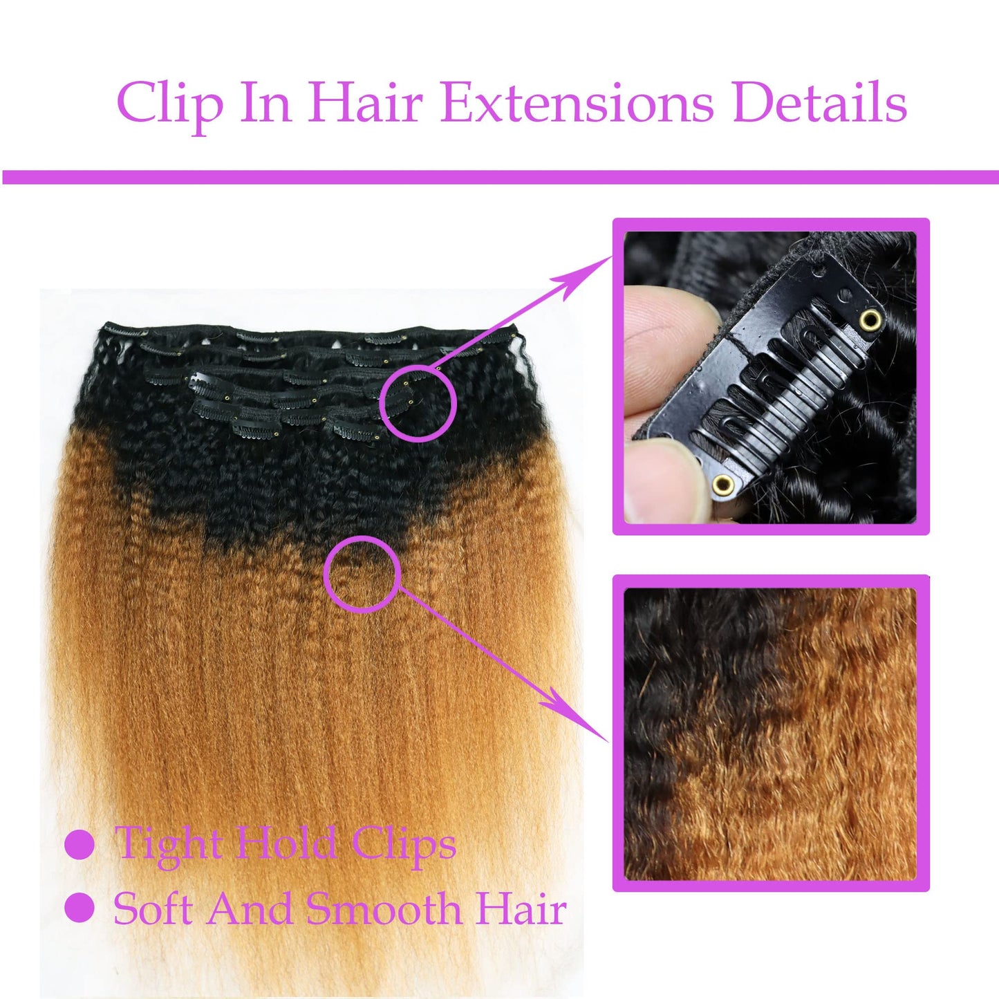 IXTUYLL Virgin Human Hair Clip In Extensions Golden Blonde Ombre Kinky Straight 120 Grams Real Human Hair Curls (T(1B/30) Kinky