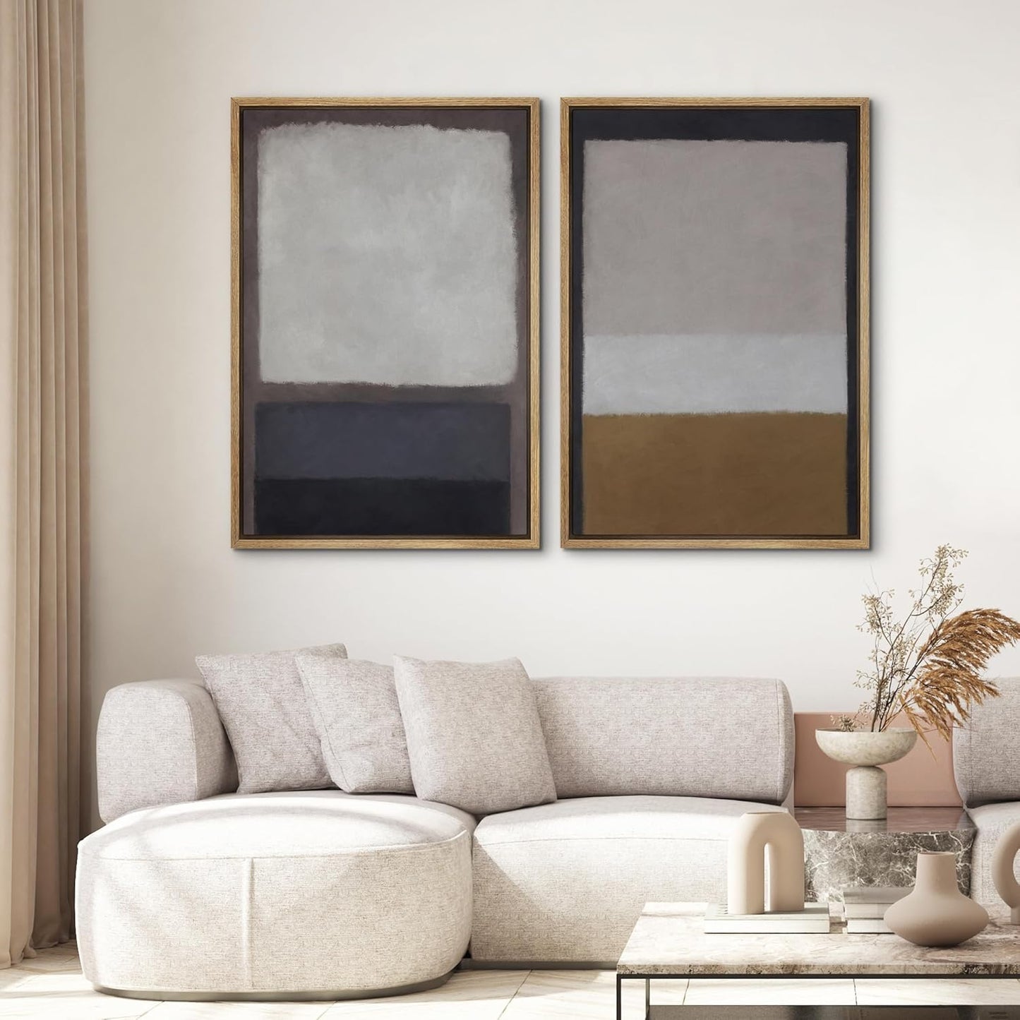 SIGNWIN Framed Canvas Print Wall Art Set Gray Brown Pastel Geometric Color Blocks Abstract Shapes Illustrations Art Contemporary Decorative for Living Room, Bedroom, Office - 24"x36"x2 Natural