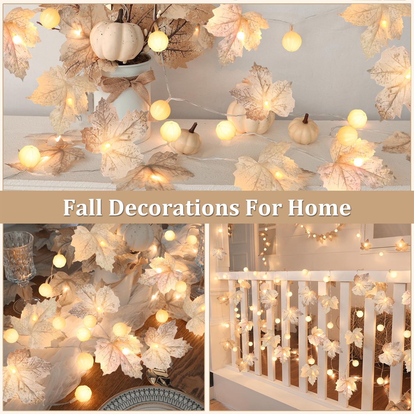 Thanksgiving Decorations-3 Pack 60Led Pumpkin Lights Fall Garland With 3D Pumpkin Enlarged Maples Leaf Battery Operated Pumpkin Thanksgiving Decor Autumn Fall Decor For Home Indoor Outdoor Holiday