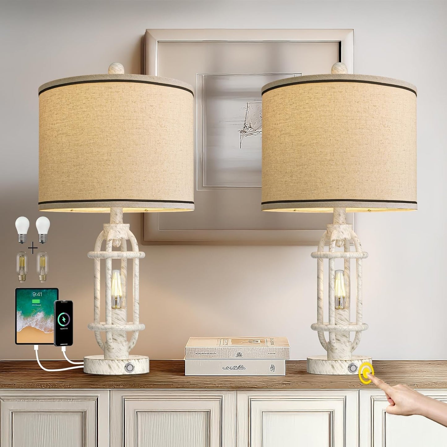 23.75'' Table Lamps Set of 2 for Living Room Bedroom Industrial Farmhouse Metal Touch Lamps with USB A+C Ports, Night Light Vintage Nightstand Bedside Lamp, Bulbs Included, White