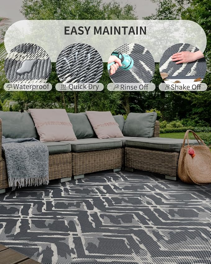 MontVoo Outdoor Rug 8x10 Waterproof-Patio Rug Mat Outdoor Carpet Reversible RV Camping Picnic Plastic Straw Rug Outside Outdoor Area Rug for Balcony Deck Backyard Patio Decor Modern Abstract