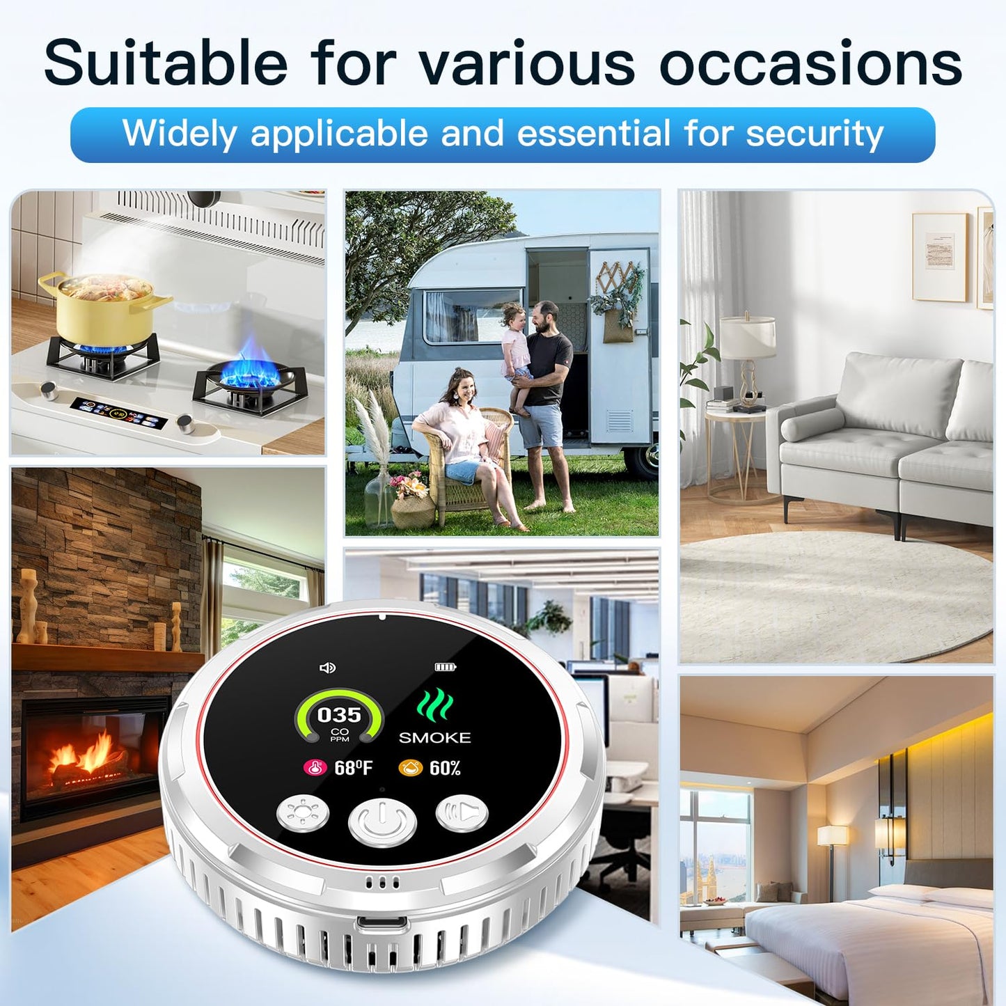 HAKINAKU 4-in-1 Plug in Smoke & Carbon Monoxide Detectors Combo Built-in 1000mAh Backup Battery Plug&Play 85dB Alarm [CO Smoke Temp Humidity Combination] Senor for Home Hotel Travel (White, 1 Pack)