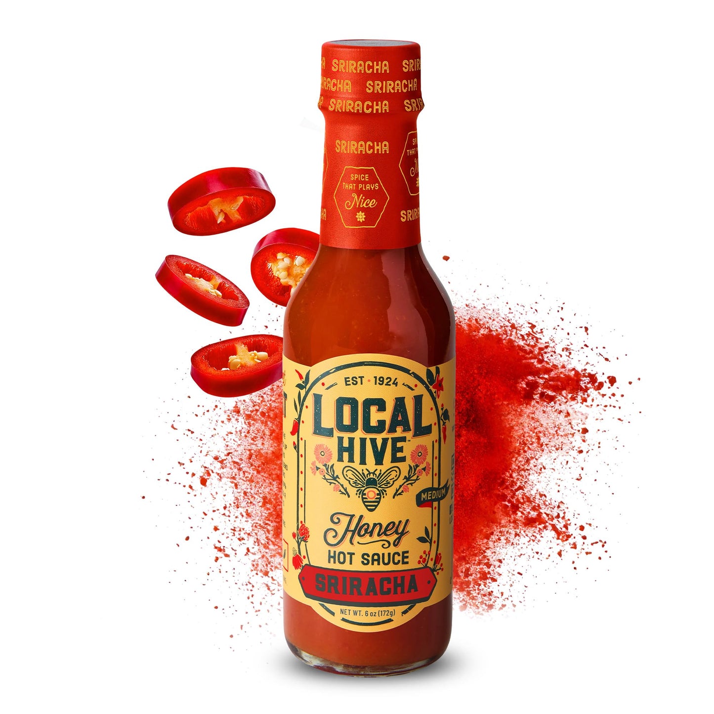 Local Hive Sriracha Honey Hot Sauce - 6oz, Sweet & Spicy, Natural Raw Honey with Sriracha Pepper Sauce for Dipping, Tacos, BBQ,