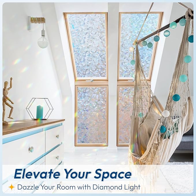 rabbitgoo Rainbow Window Privacy Film Decorative Stained Glass Diamond Pattern Window Sticker with Iridescent Tint Non-Adhesive Static Cling for Home Office Crystal Pattern, 17.5 x 118.1 inch