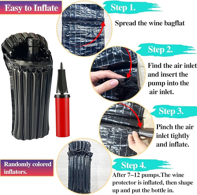 Wine Travel Protector Black Inflatable Wine Shipping Sleeves 40 Packs Reusable Bottle Protector for Luggage with Inflator Pump
