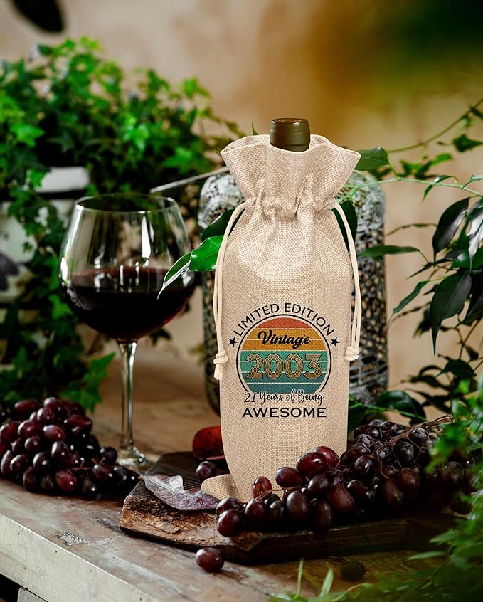Disfuco 21st Birthday Wine Gift Bag, 2003 Birthday Gift Wine Bag, Burlap Wine Bottle Cover Bag For Women Men, Friends, Daughter, Son, Newphew, Niece, 1 Pc (B01)