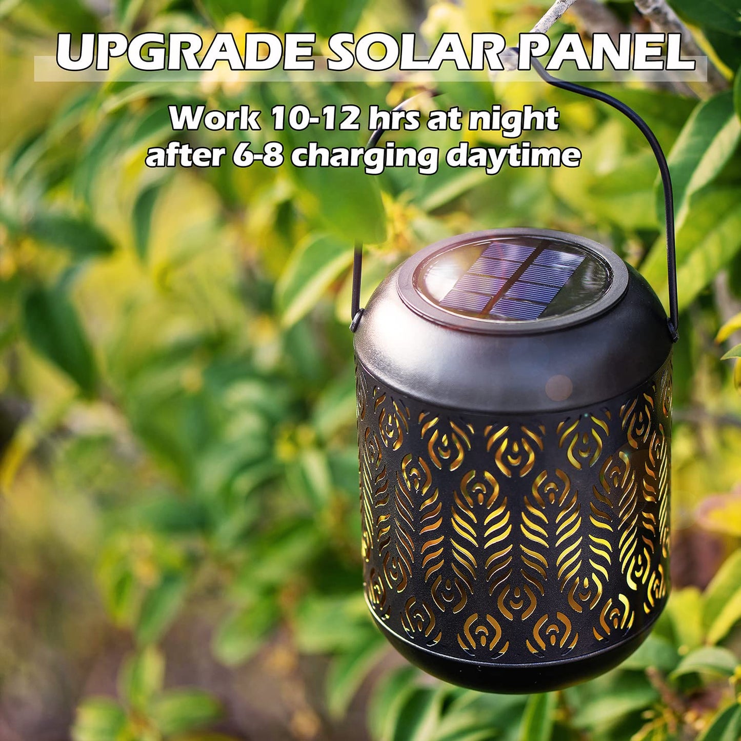 LeiDrail Solar Lanterns, Black Metal Decorative Light, Warm White LED, Waterproof, 2 Pack, Model LD0056