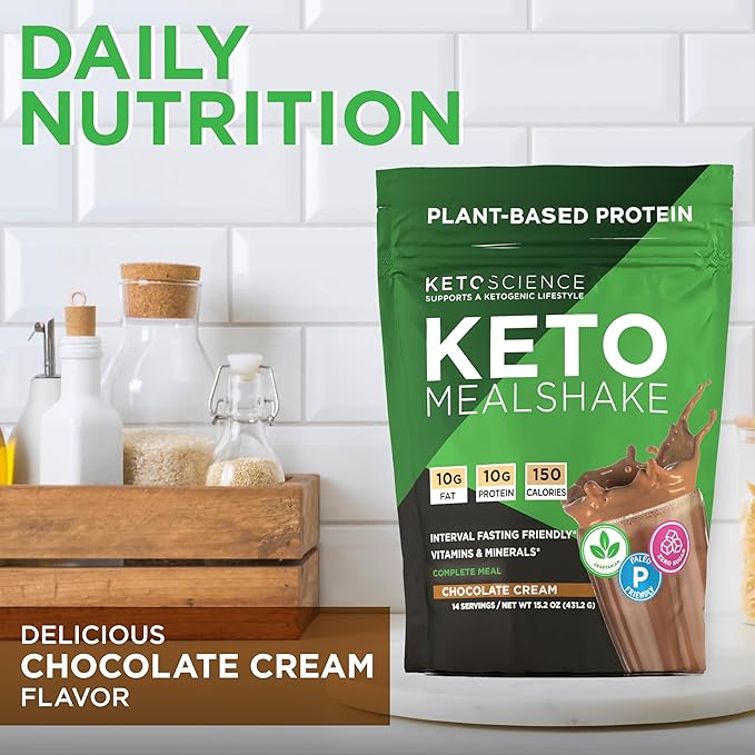 Keto Science Plant Based Protein, Keto Meal Shake, Rich in Vitamins & Minerals, Complete Meal Replacement, Pea Protein for Women & Men, Chocolate Cream, 14 Servings