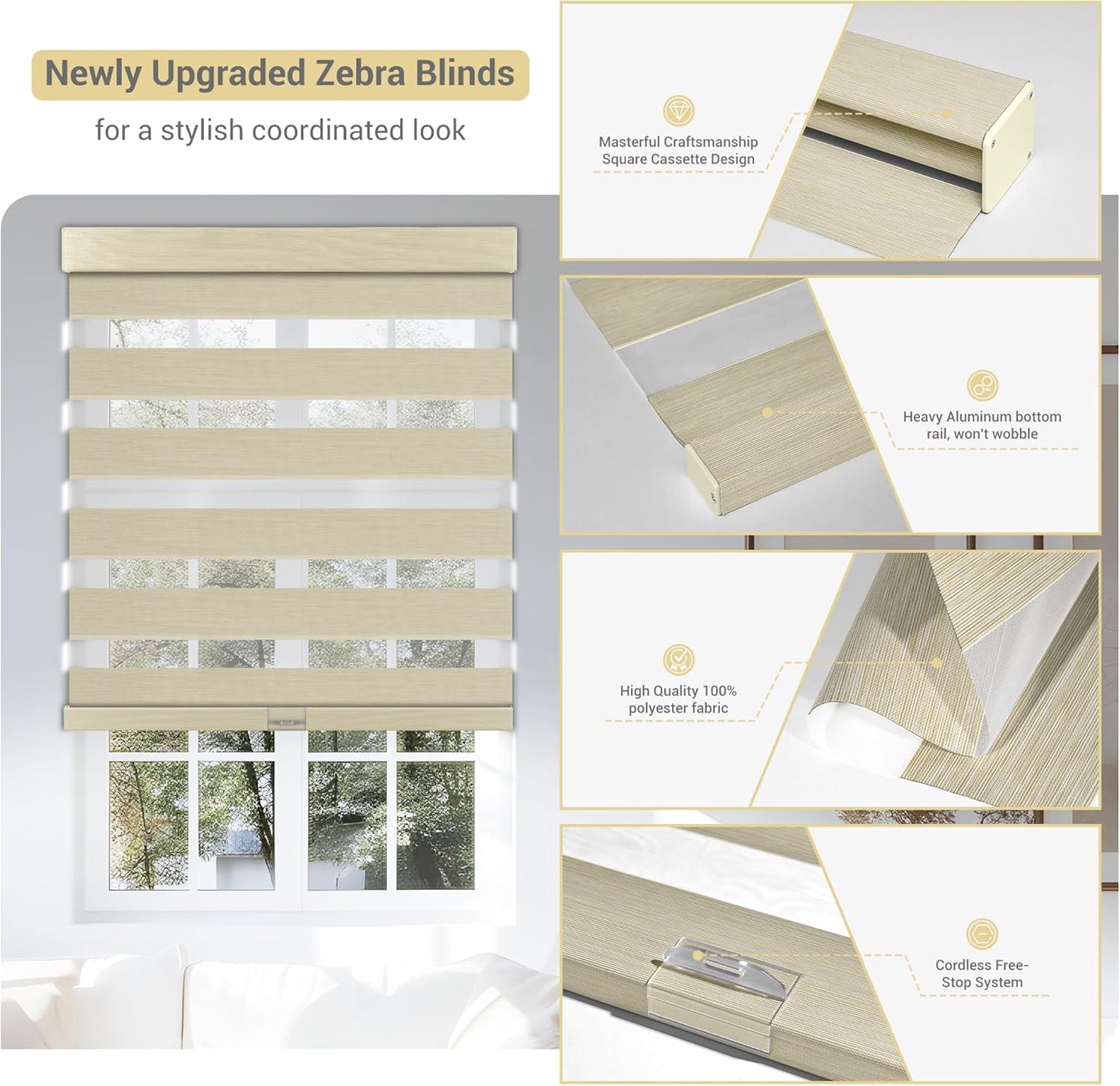 Cordless Zebra Blinds for Windows, Blackout Interior Blinds,Easy to Install,UV Protection,for Offices and Home,Custom Roller Shades, Mousse Beige,74" W x 88" H