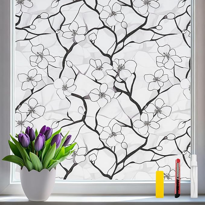 3D Rainbow Window Film Stained Glass Style Static Cling No Adhesive Privacy Decals for Home & Office Decorative Vinyl with Protection (Plum Ink Shade, 23.6 x 78.7 Inch)