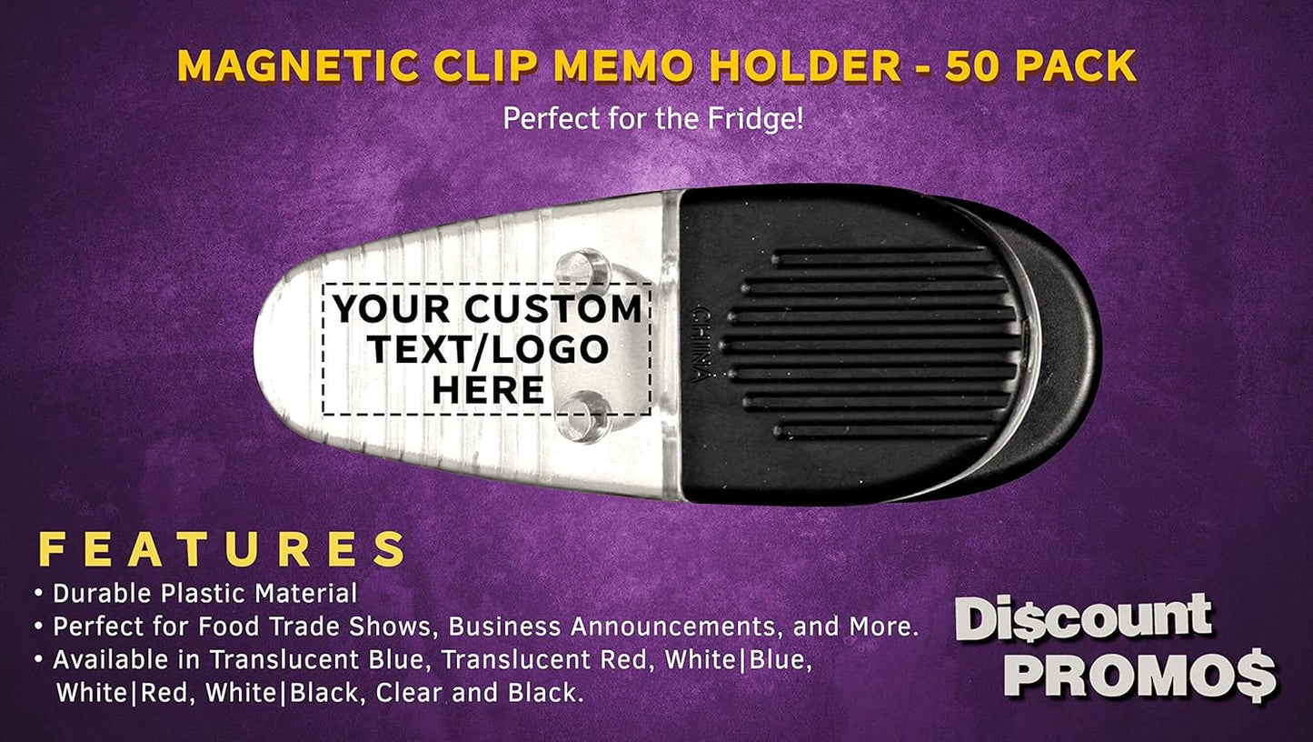 50 Magnetic Memo Holders Set - Customizable Text, Logo - Large Clip, Plastic - Clear