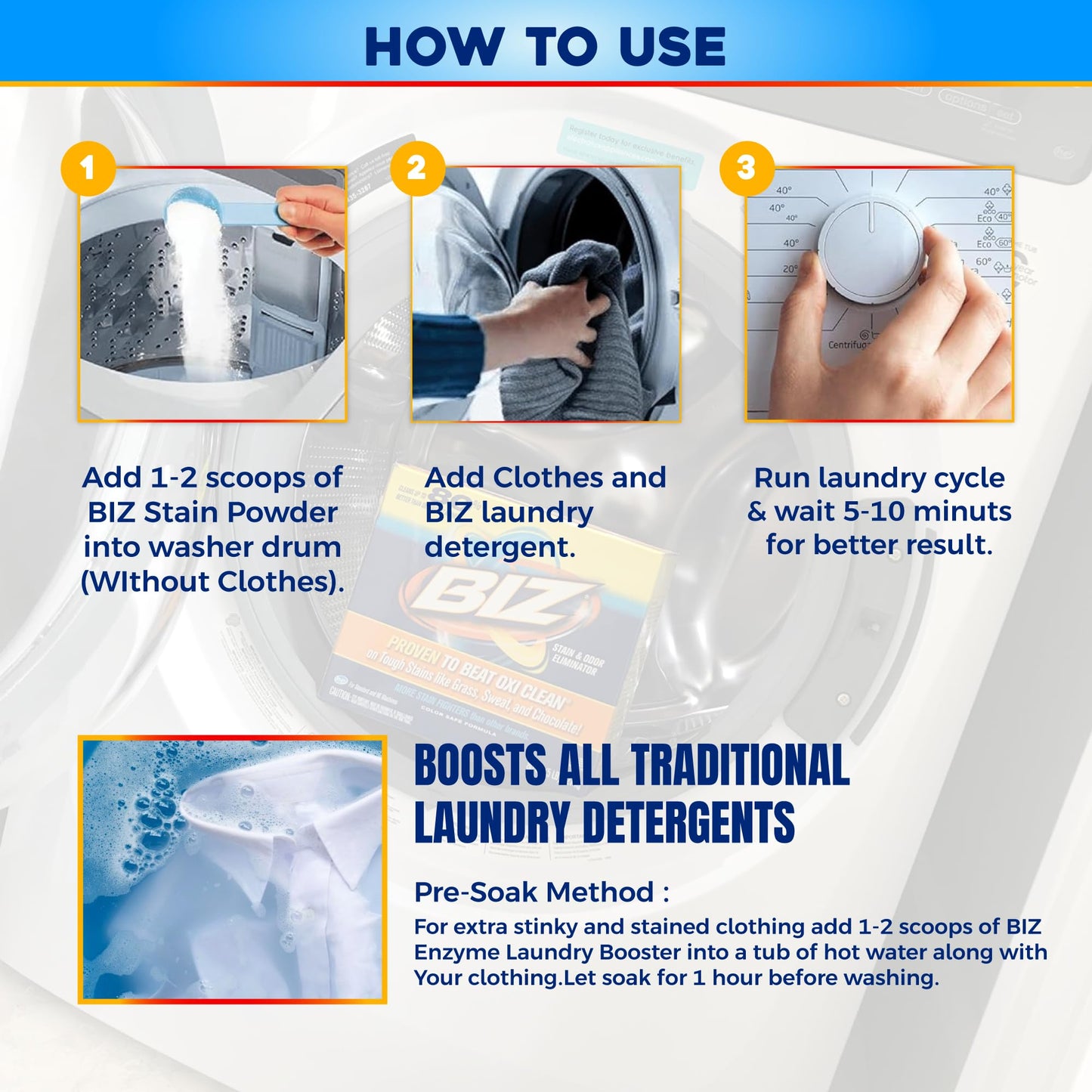 Biz Laundry Detergent Powder, Stain and Odor Eliminator for Tough Stains Like Grass Sweat and Chocolate, Powder Laundry Detergent with 4 Stain Fighters, Color Safe, HE Safe, Unscented, 37.5 Ounce