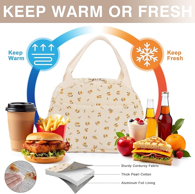 Lunch Bag - Insulated Lunch Box for Women, Reusable Large Capacity Cooler Bag for Adult, Small Leakproof Cute Corduroy Lunch Tote for Work Office Travel Picnic (Corduroy Chrysanthemum)