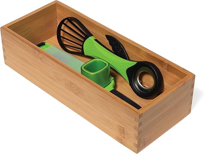 Lipper International Bamboo Wood Utensil Holder Storage Box for Cooking Tools, Makeup, or Office Supplies, 5" x 12" x 3"