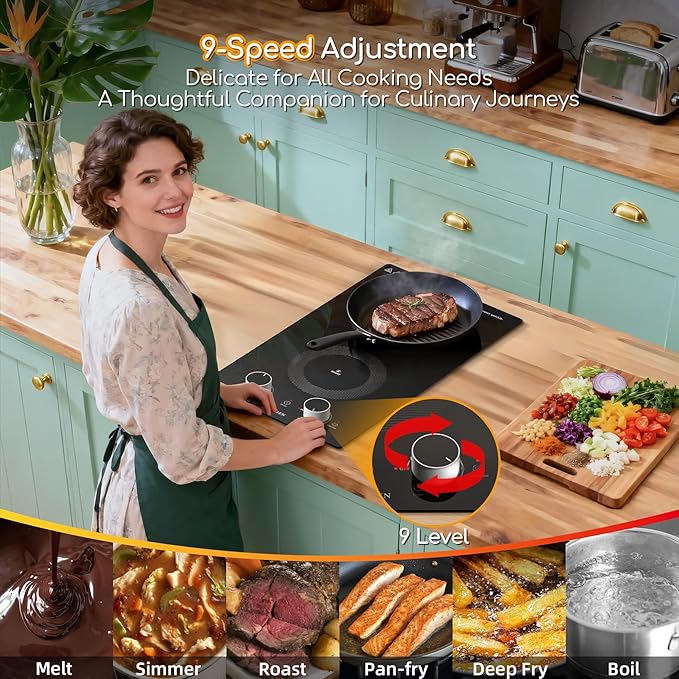 12 Inch Electric Cooktop with 2 Burner,110V-120V, 1800W,Plug in Electric Stove Top,Countertop & Built-in,Glass Radiant Cooktop with Knob & Touch Control,Auto Shutdown,Residual Heat Warning