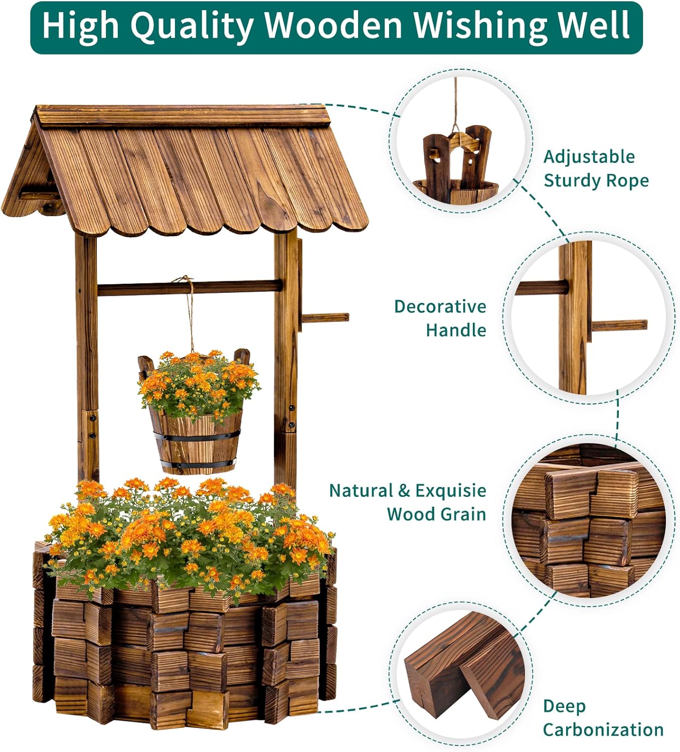 UDPATIO Rustic Solid Fir Wood Wishing Well Planter for Outdoor Plants, 16.5 in Diameter