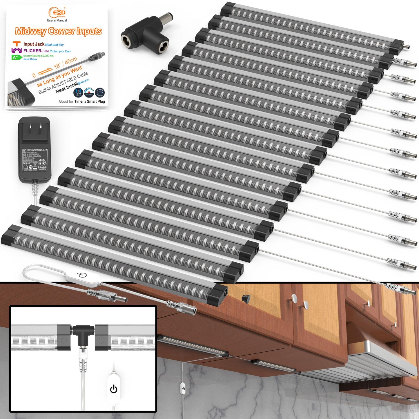 Ebd Led Under Cabinet Lighting For Kitchen Built-In Adjustable Cable & Mid Input Jack Bookshelf Plug In Light Bar 15 Pcs 6750 Lm 3000K Ultra Bright For Timer Smart Plug Alexa Google Assistant & Siri