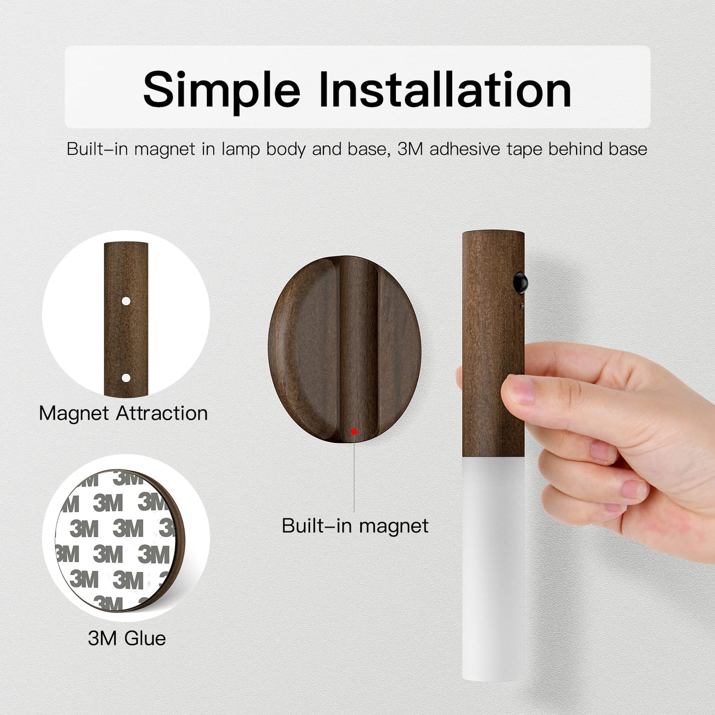 Miebul Usb Charging Motion Sensor Night Light, Wood, Brown, 1Pcs, Intelligent Three Modes For Bedroom, Corridor, Aisle, Wardrobe