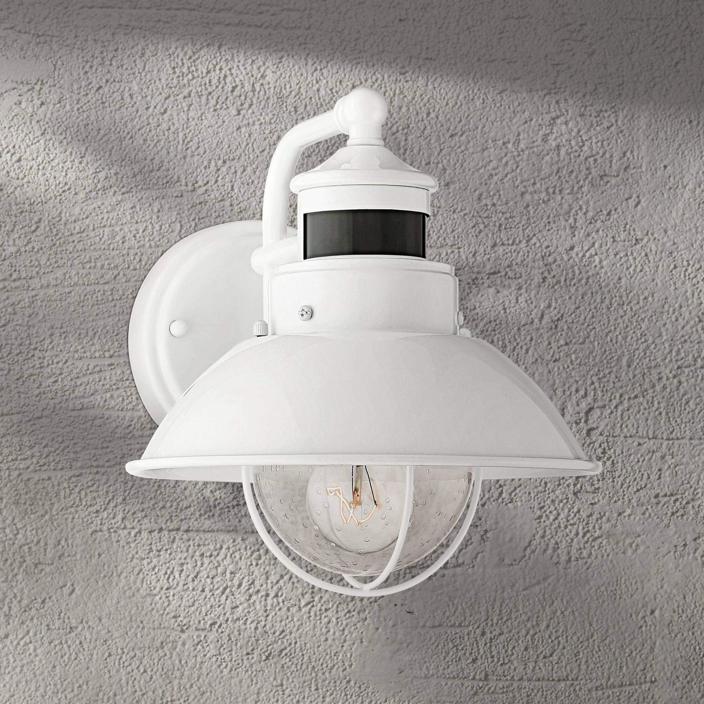 John Timberland Outdoor Barn Light Fixture, 9in Clear Seedy Glass, White, Dusk to Dawn, Motion Sensor, Model A80672P