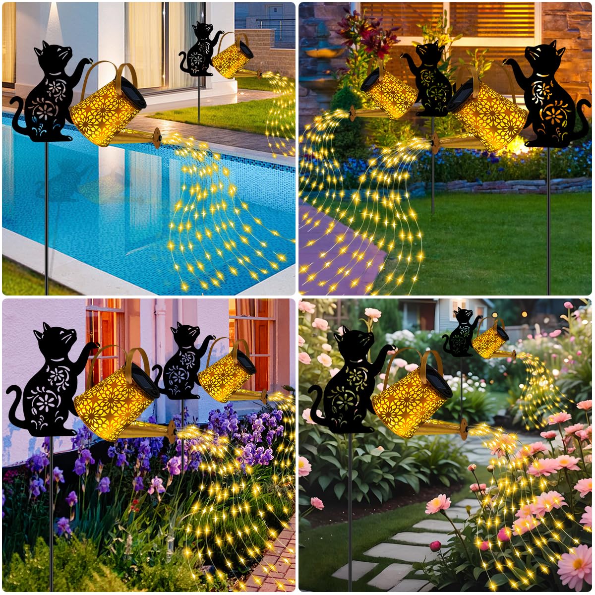 Solar Lights Outdoor Decorative  Watering Can With Cascading Lights  With Cat Silhouette Garden Stakes  Waterproof Metal Garden Decor For Yard Art  Outside  Patio  Lawn Ornaments