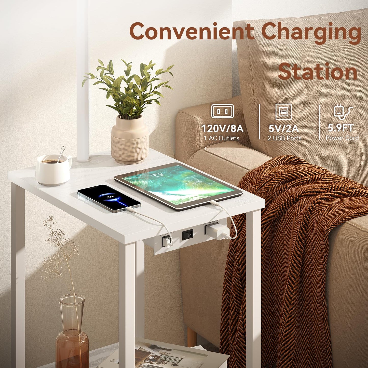 SUNMORY Floor Lamp with Table, USB & AC Charging, 15.75inx11.81inx59.06in, Pure White, Model PFL-012A