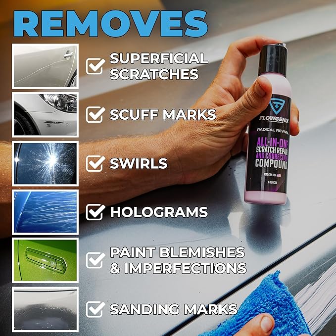 Flowgenix Instant Car Scratch Remover for Vehicles, All-in-One Car Paint Scratch Repair and Polishing Compound (4 oz) - Incl. Microfiber Applicator and Microfiber Towel