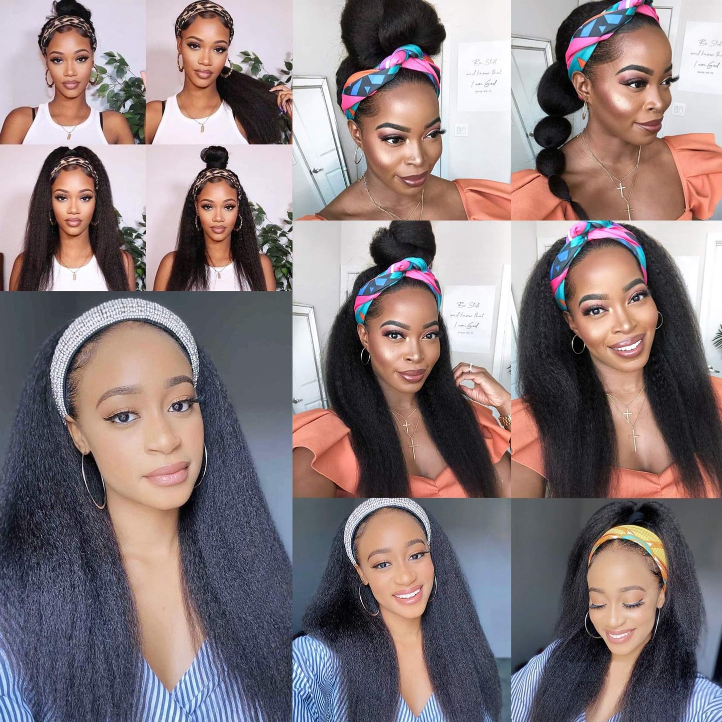 PWEOUKE Yaki Straight Headband Synthetic Wig Glueless Kinky Headband Wigs Natural Black Long 22 Inch None Lace Front Headband St