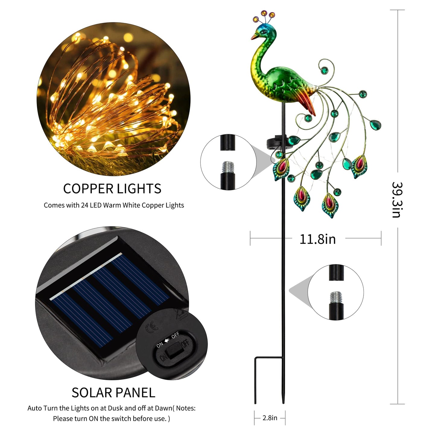 Glintoper Solar Garden Lights, 39 Peacock Metal Stakes, Warm White Waterproof Path Ornaments For Patio & Yard Decoration