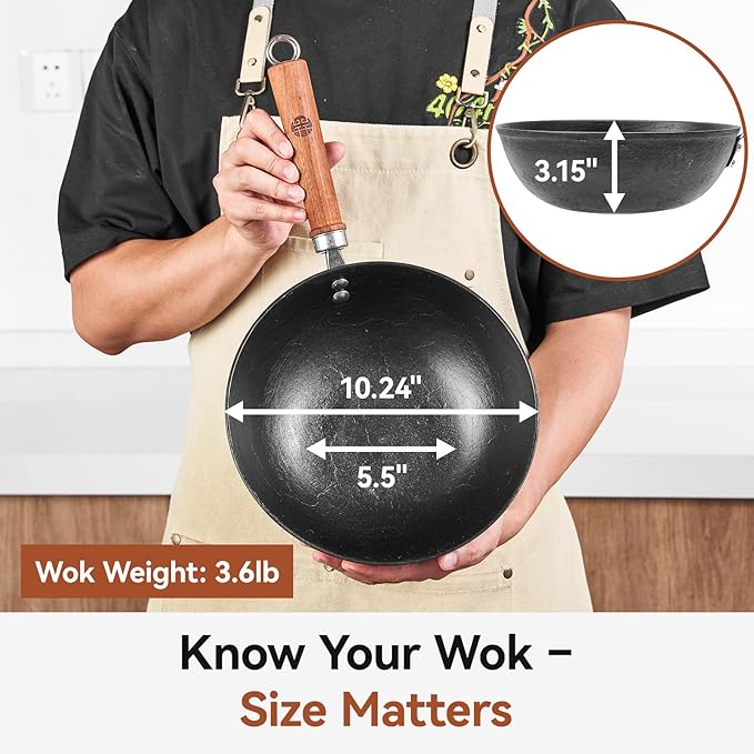 10.2 Inch Iron Wok, Cast Iron Wok Pan with Glass Lid, Uncoated Flat Bottom Wok for Stir-Fry & Saute, Woks & Stir-Fry Pans for Electric, Gas & Induction Cooktops