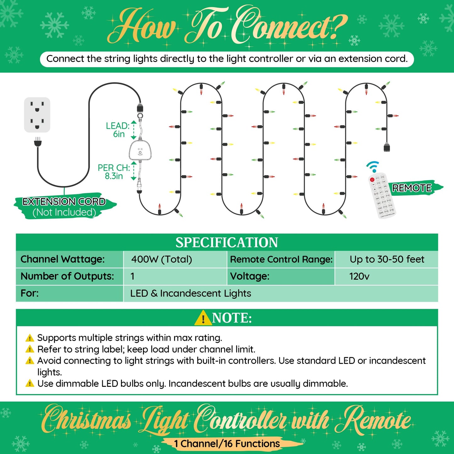 Gulfmew Christmas Light Controller With Remote  Multiple Lighting Effects  Timer  Dusk To Dawn Sensor Control  For Indoor Outdoor Holiday Xmas Lights  Waterproof(1 Channel/16 Functions Black)